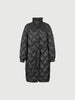 Black mid-length down jacket with hood and belt