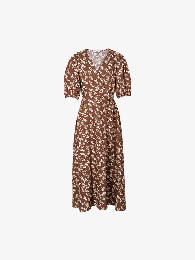 Women's Floral Underglaze Red V Neck Puff Sleeves Wrap Dress