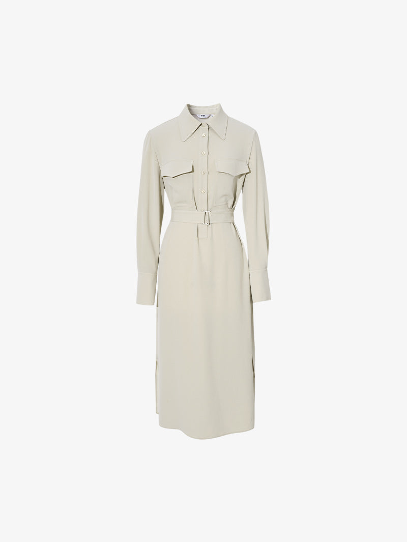 Belted dress with classic collar, long sleeves, beige