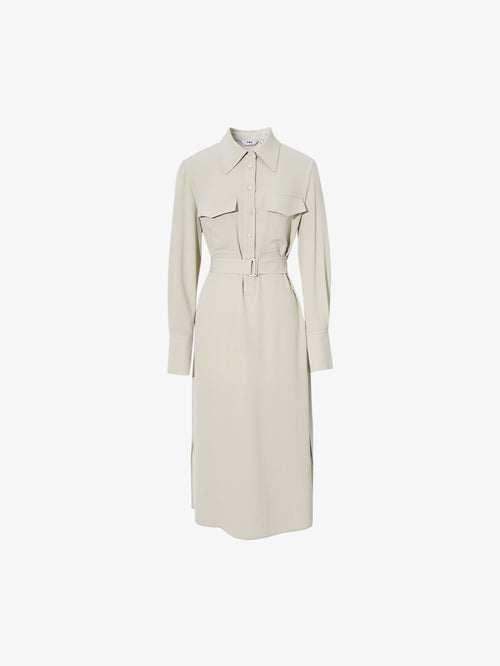 Load image 1 in gallery view. Belted dress with classic collar, long sleeves, beige