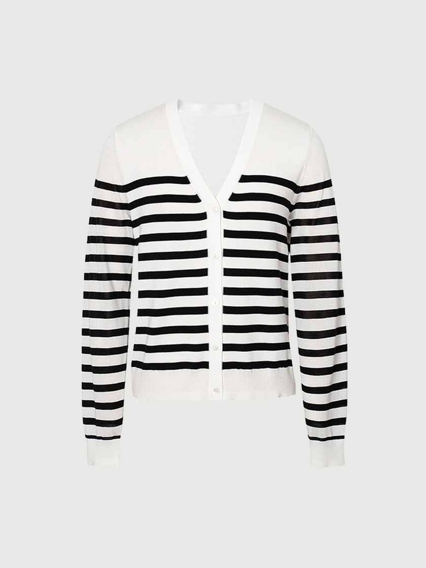 Women's Original White V Neck Stripe Button Down Knitwear