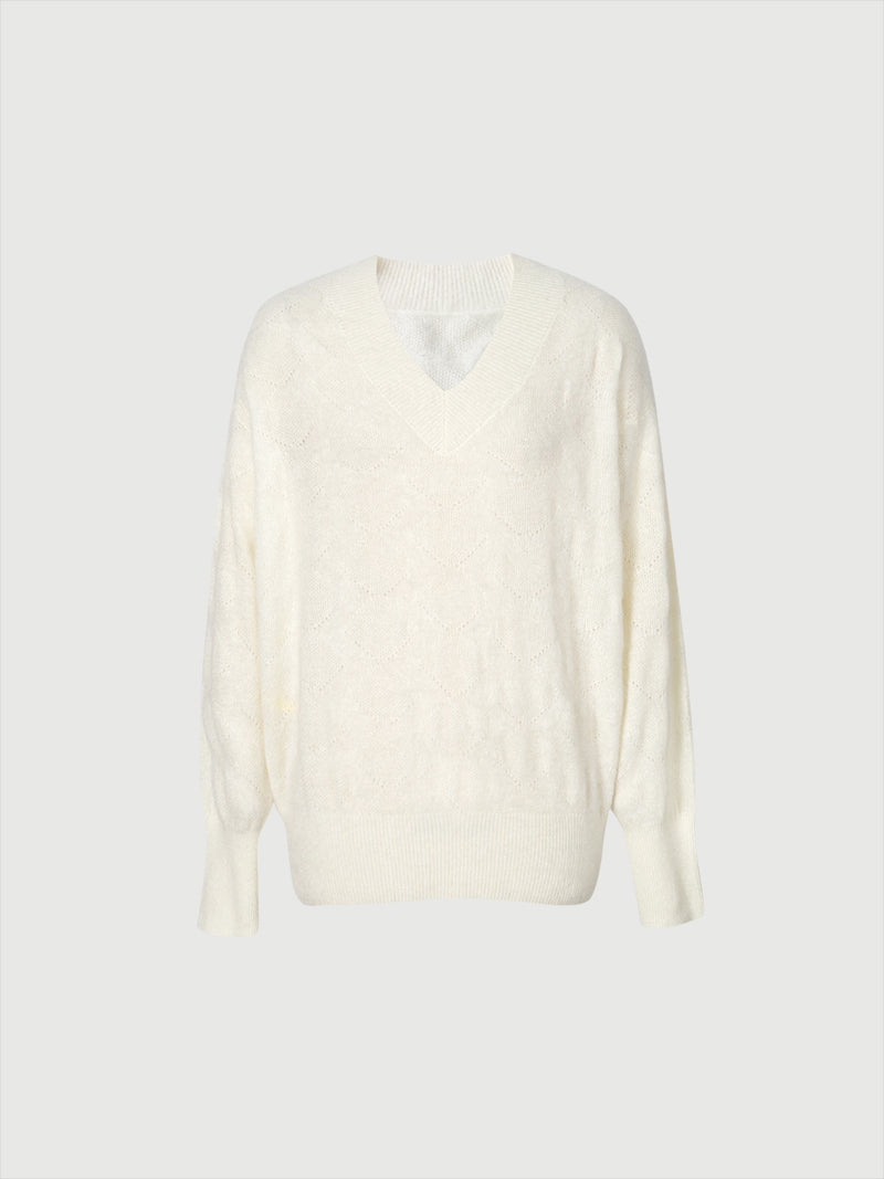 Cashmere V-neck sweater, long sleeves, natural white