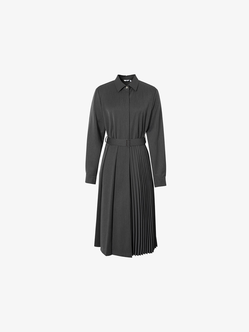 Robe plissée à col classique gris avec manches longues et ceinture