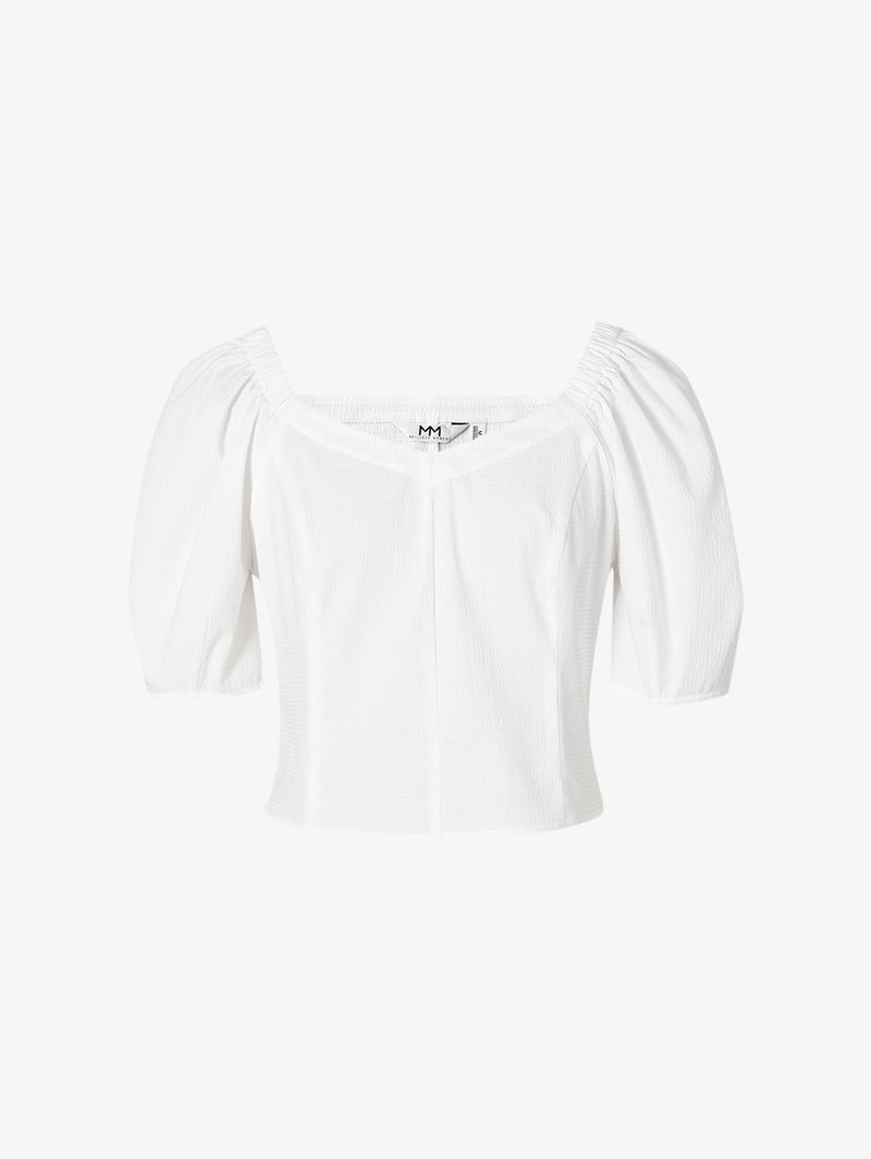 Women's White Square Neck Puff Sleeves High Quality Cotton Short Blouse Shirt