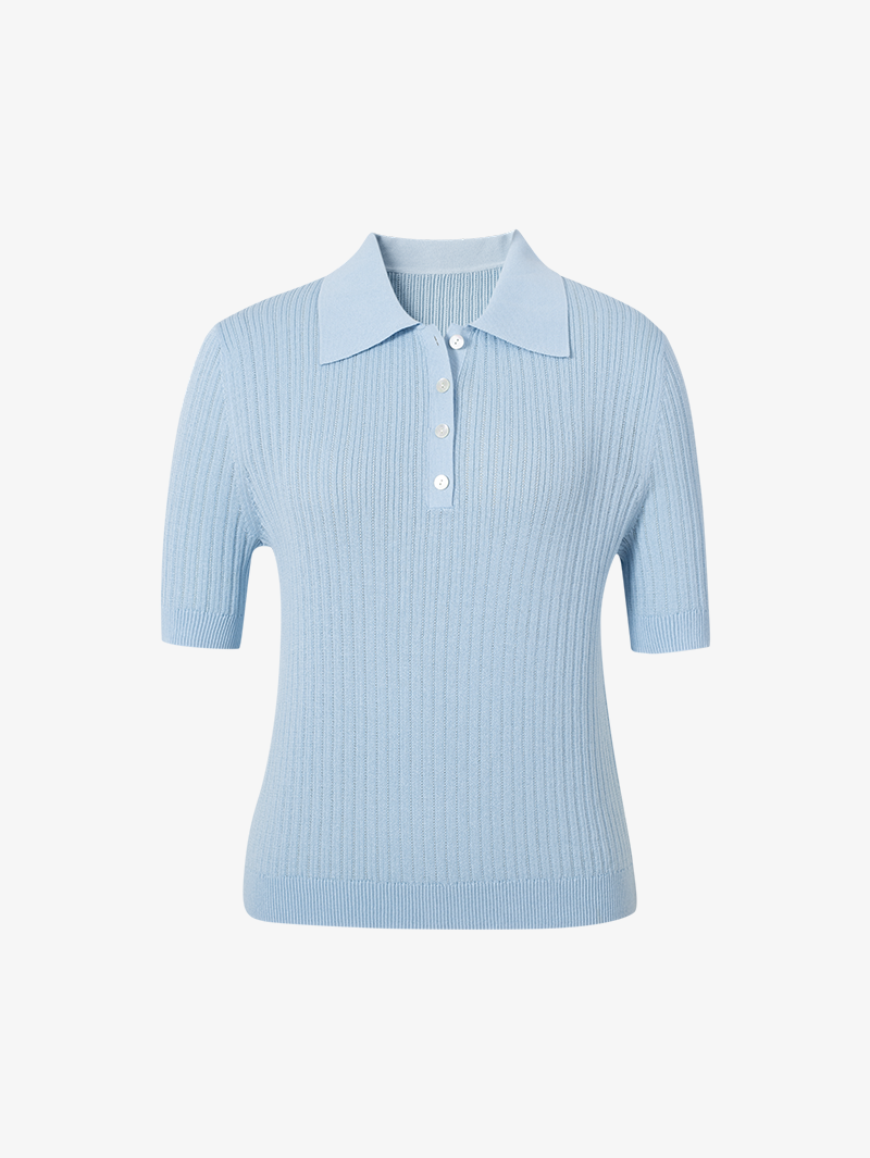 Women's Sky Blue Polo Neck Short Sleeves Knit Top