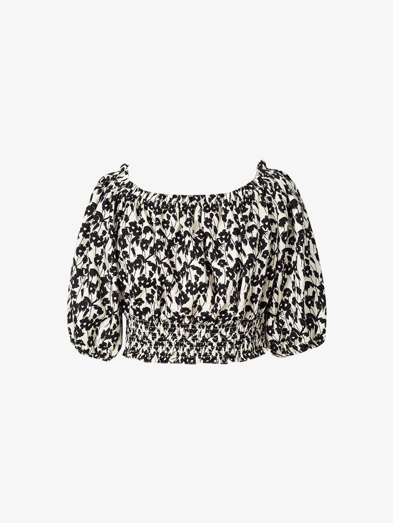 Women's Black Floral Puff Sleeves Super Short Blouse Shirt