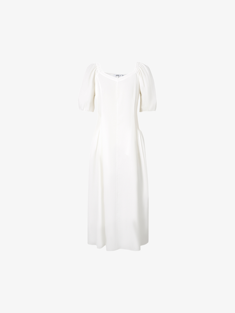 Women's Original White Puff Sleeves Pleated Waist Dress