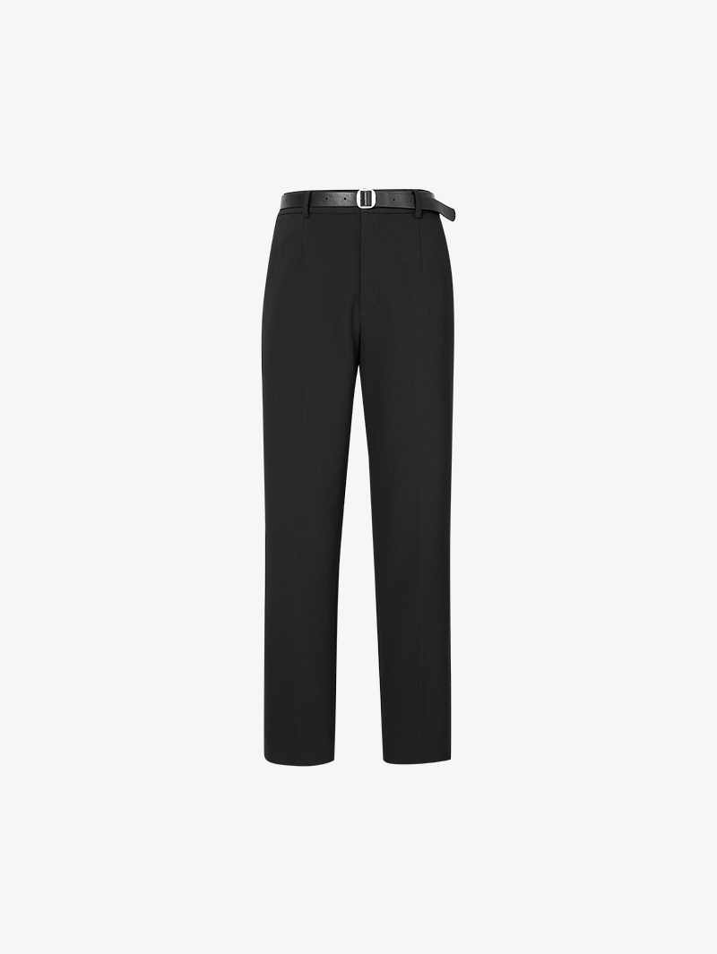 Women's Black Small Leg Trousers Sheep Wool with Belt