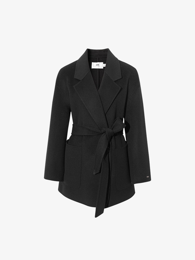 Women's Black 100% Sheep Wool Coat with Belt