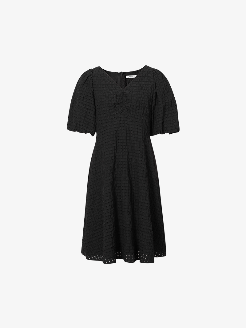 Women's Black V Neck Puff Sleeves Stable Sucker Shirring Smocking Design Dress