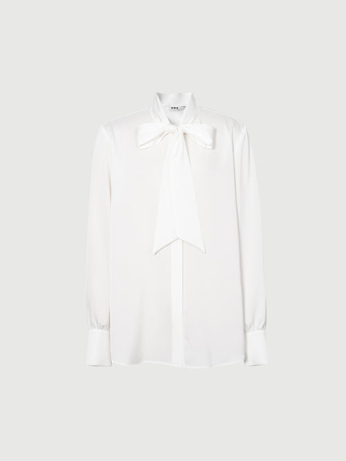 Charger l'image 1 dans la galerie. Women's Plain White Tie Neck Long Sleeves Smooth Acetate Shirt