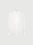 Women's Plain White Tie Neck Long Sleeves Smooth Acetate Blouse