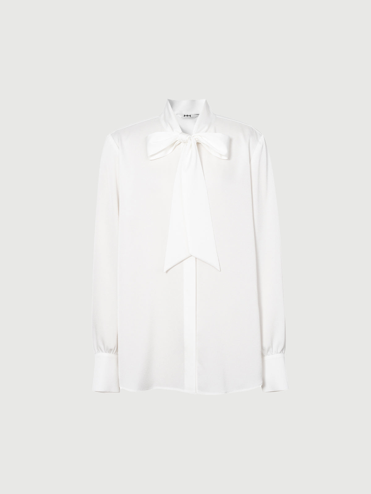 Women's Plain White Tie Neck Long Sleeves Smooth Acetate Blouse