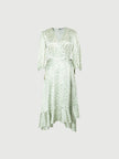 Mint green floral print dress with a v-neck, crossover cut and an irregular hem