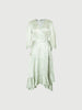 Mint green floral print dress with a v-neck, crossover cut and an irregular hem