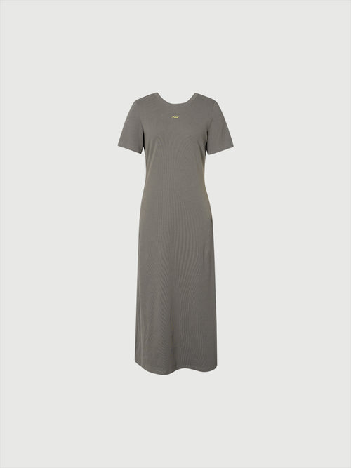 Load image 1 in gallery view. Women's Sandstone Brown Round Neck Short Sleeves Cotton Jersey Dress 5E7193081