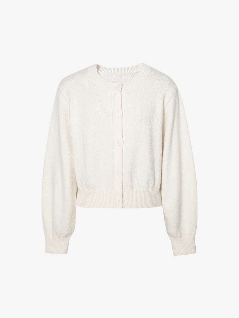 Women's Off-White Round Neck Button Down Cotton Wool Cardigan Sweater
