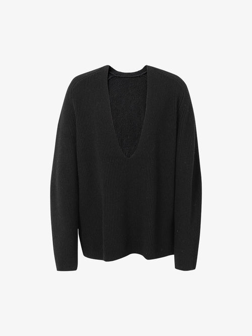 Carica immagine 1 in visualizzazione galleria. Women's Black V Neck Long Sleeve Wool Sweater