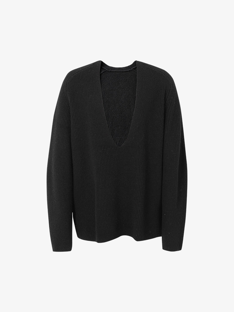 Women's Black V Neck Long Sleeve Wool Sweater