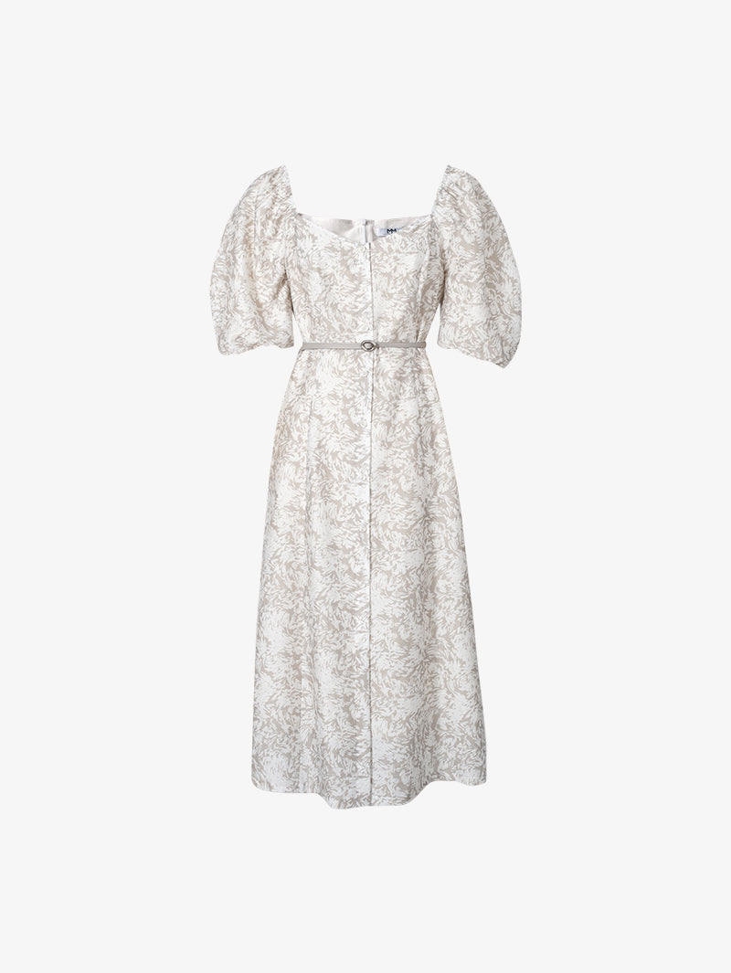 Women's Floral Light Gray Square Neck Puff Sleeves Breathable Lyocell Middle Length Dress