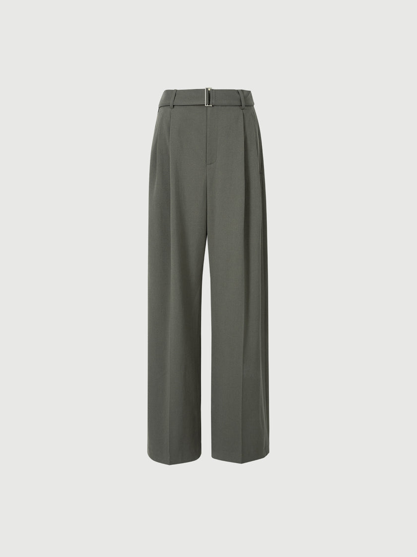 Women's Grey Wide Leg Belted Winter Trousers