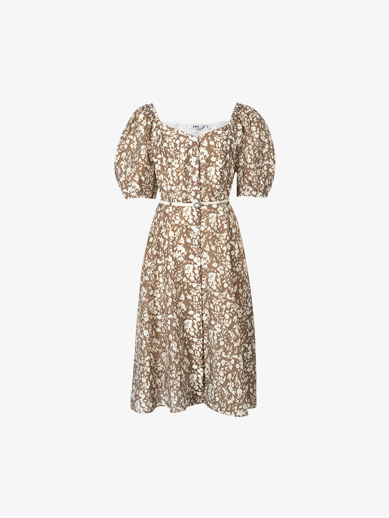 Women's Floral Caramel Square Neck Puff Sleeves Breathable Lyocell Dress