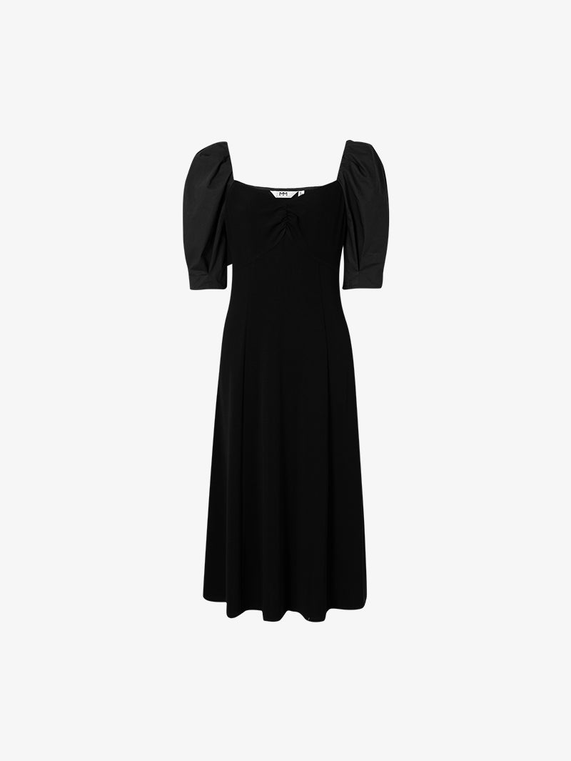 Women's Black Square Neck Puff Sleeves Smooth Vinegar Dress