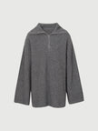 Women's Gray Zipper Lapel Design Sheep Wool Sweater
