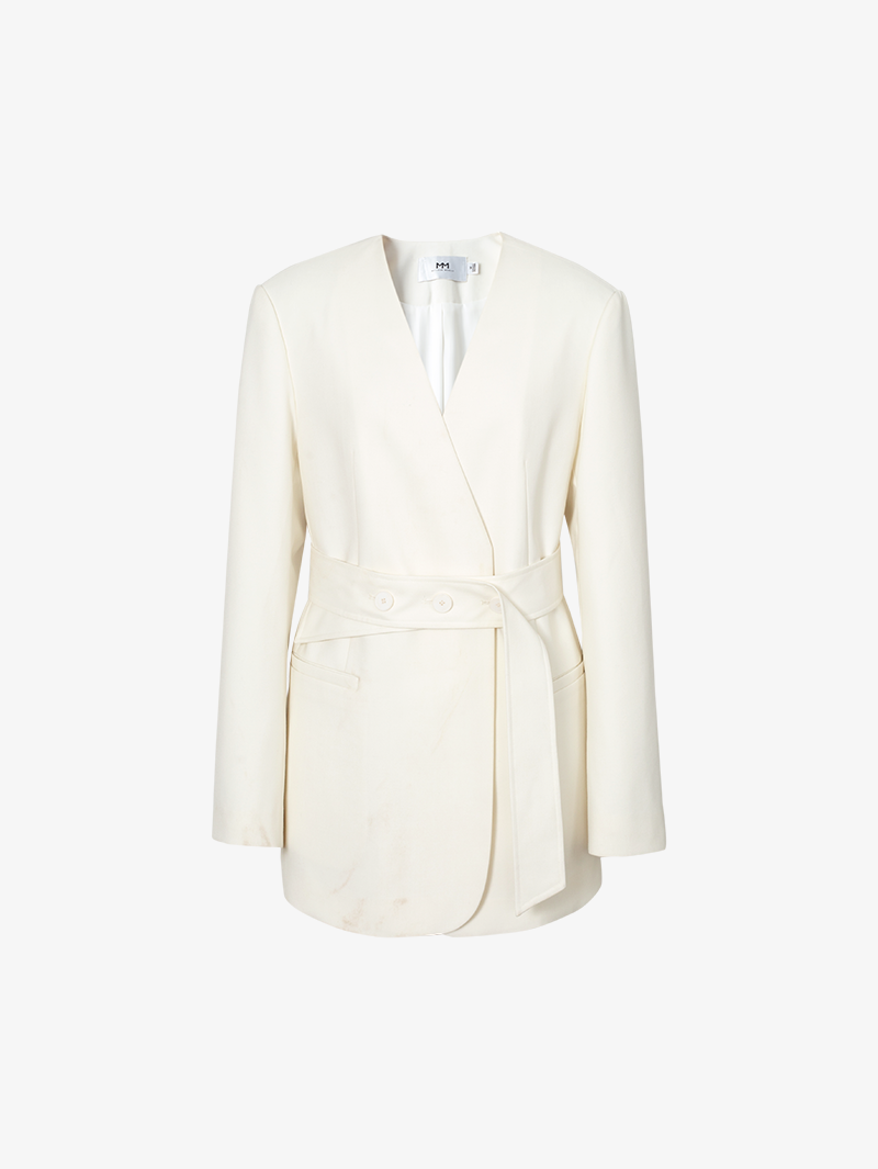 Women's Spring Original White V Neck Belted Blazer