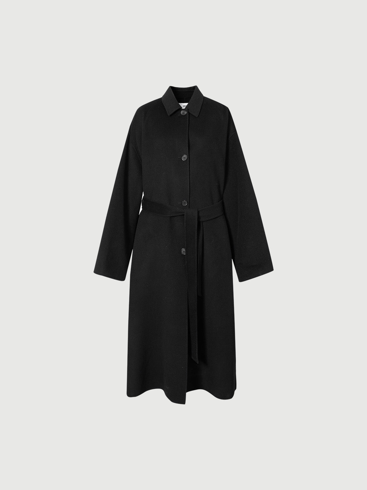 Manteau noir en laine à col droit, coupe droite et boutons