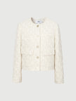 Beige floral patterned long sleeve round neck button-down jacket