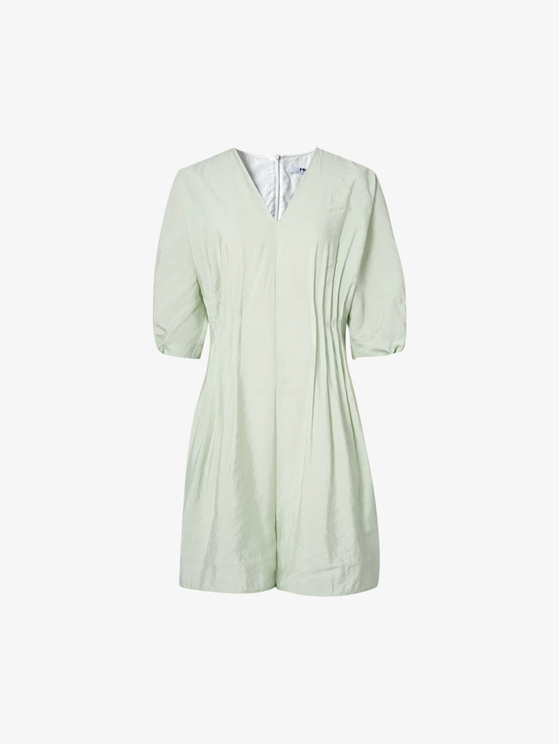 Women's Mint Green V Neck Short Sleeves Pleated Waist Dress