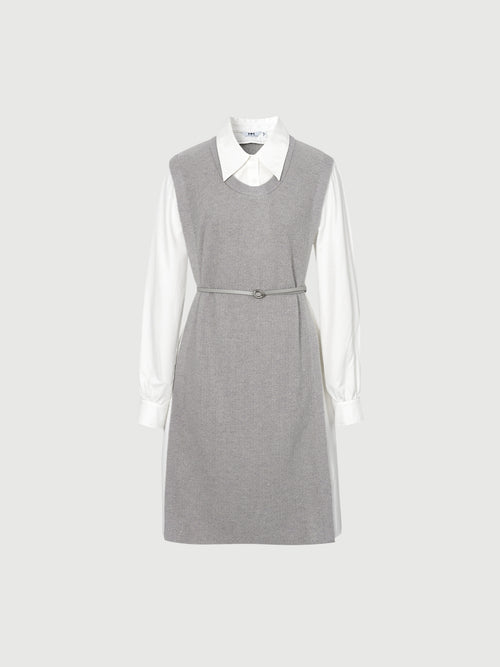 Load image 1 in gallery view. Women's Gray Whit Floral Classic Collar Long Sleeve Belted Splicing Dress