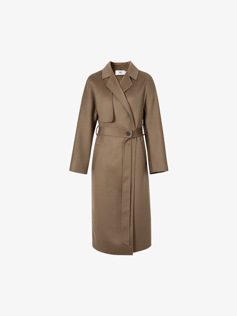 Women's Brown 100% Sheep Wool Belted Long Coat