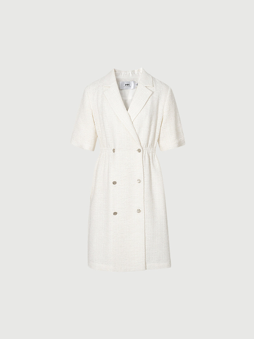 Robe en tweed blanche à col à revers et manches courtes