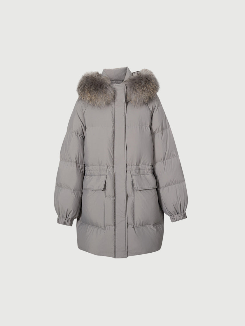 Women's Gray Warm Goose Puffer Hooded Jacket with Fur