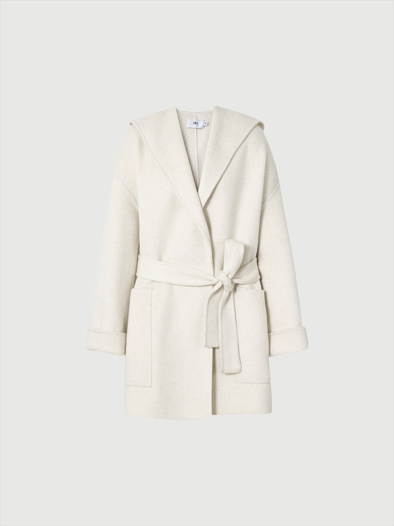 Women's White Belted Wool Coat with Hood