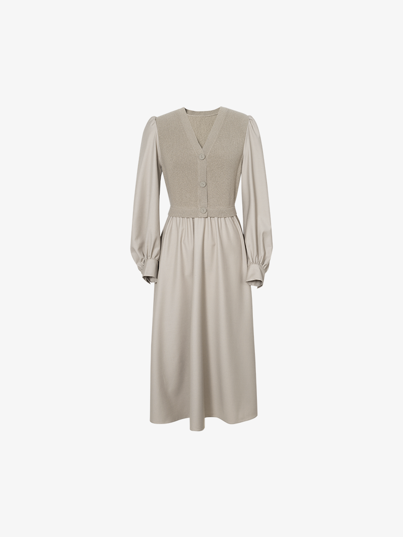 Women's Spring Light Coffee Sheep Wool Knit V Neck Vest Long Sleeves Dress