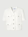 Women's Original White V Neck Texture Fringes Shoulder Pad Short Jacket
