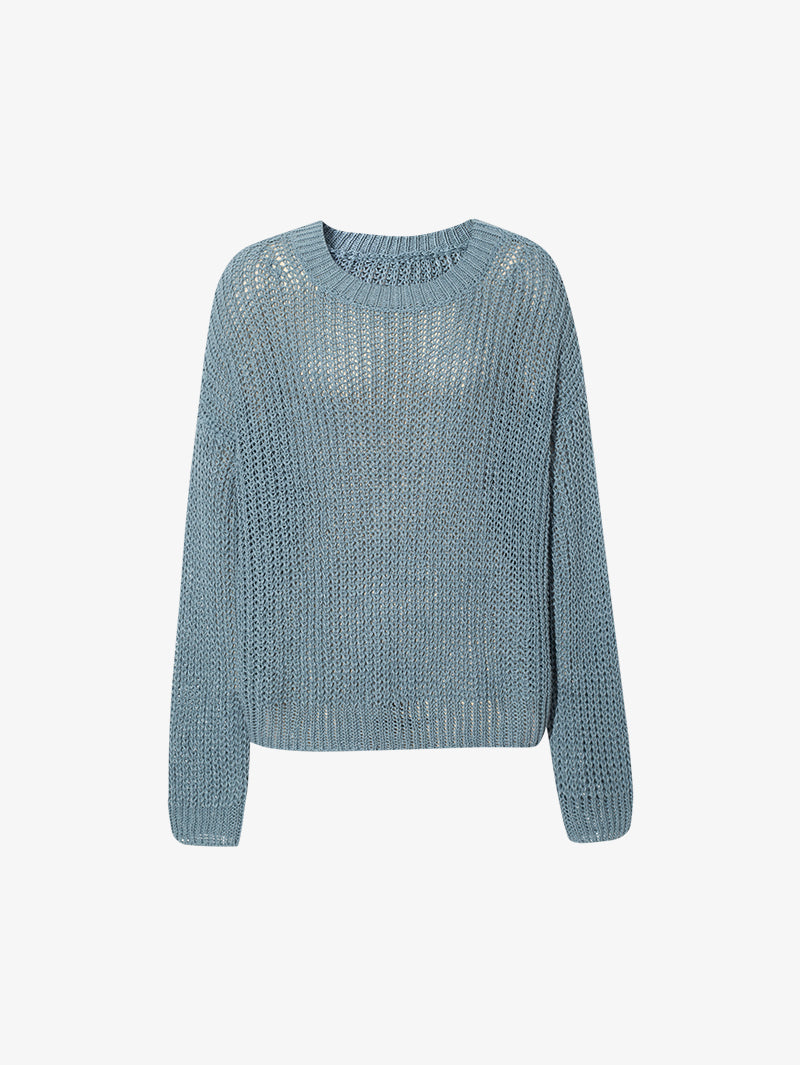 Women's Blue Round Neck Long Sleeve Sweater