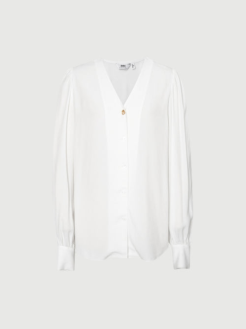 Charger l'image 1 dans la galerie. Women's White V Neck Long Sleeves Shirt