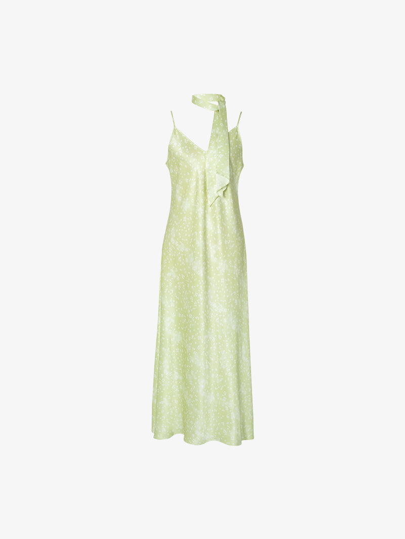 Women's Floral Light Green V Neck Smooth Acetate Slip Dress