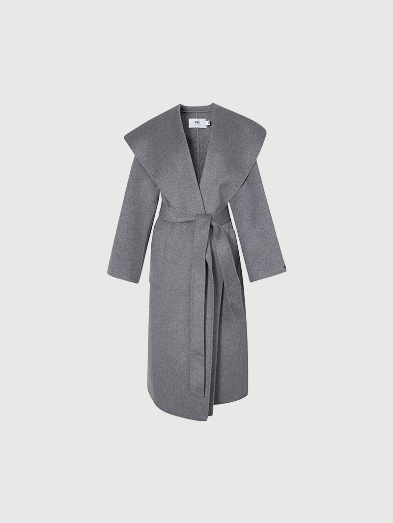 Women's Gray Large Laple Australian Wool Coat with Belt 5EA170181