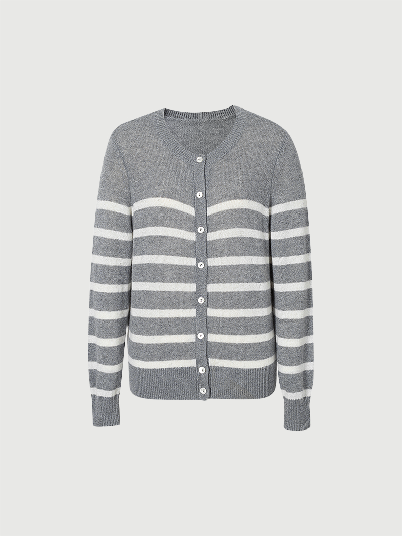 Light gray striped cashmere cardigan with round neck and long sleeves