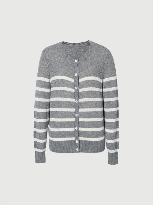 Load image 1 in gallery view. Light gray striped cashmere cardigan with round neck and long sleeves