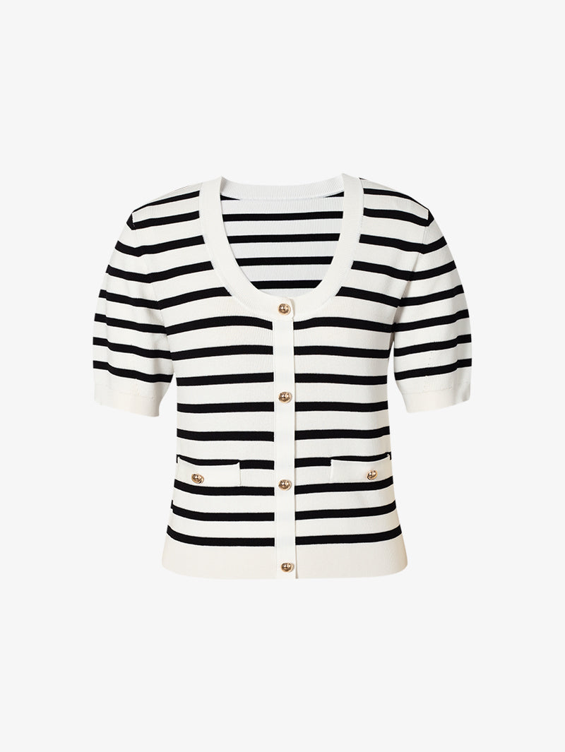 Women's White Round Neck Short Sleeves Buttons Knit Top