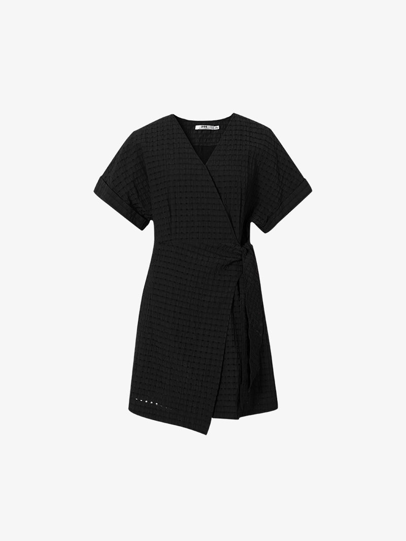 Women's Black V Neck Short Sleeves Stable Sucker Belted Dress