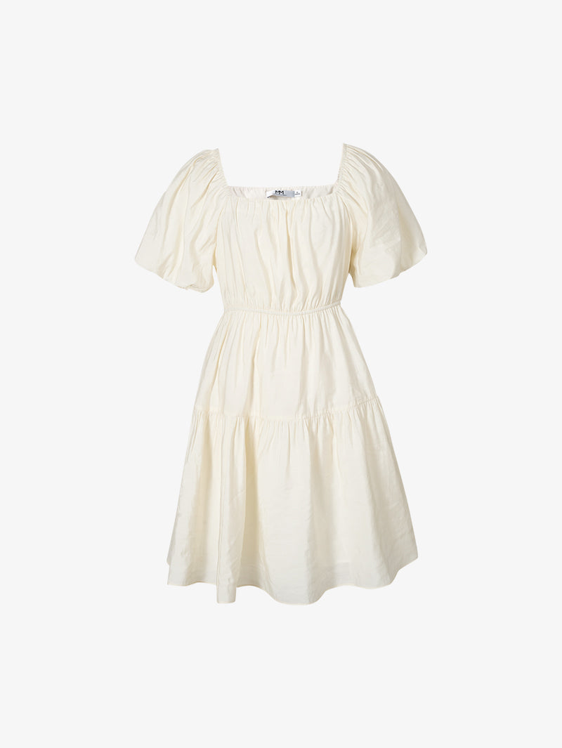Women's Light Beige Square Neck Puff Sleeves Pleated Fabric Dress