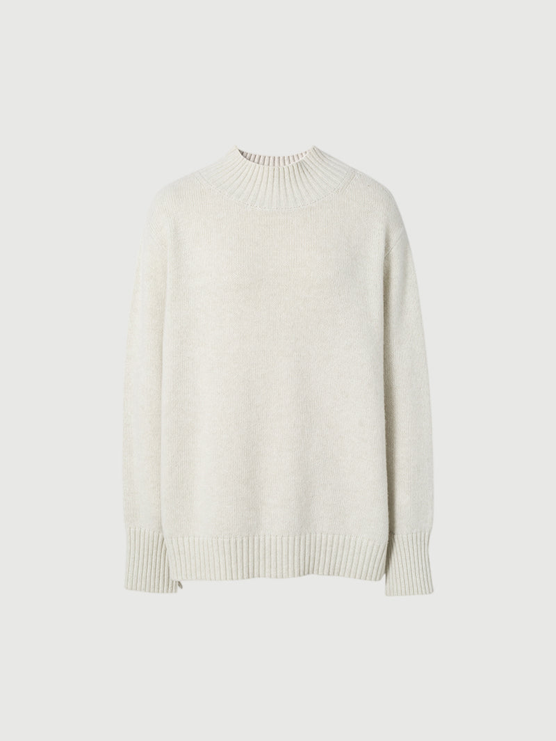 Women's White Mock Neck Sheep Wool Knit Sweater