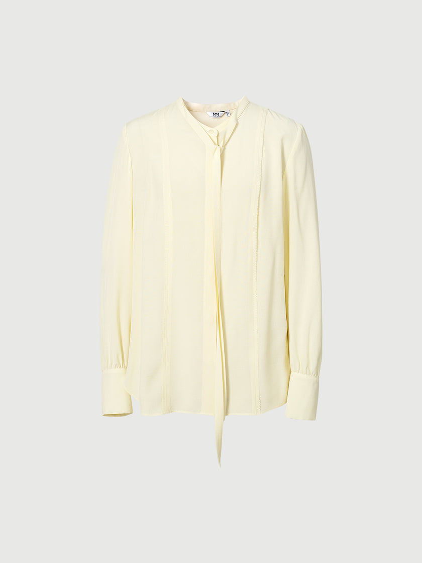Women's Light Yellow Bow-knot Neck Long Sleeve Acetate Blouse
